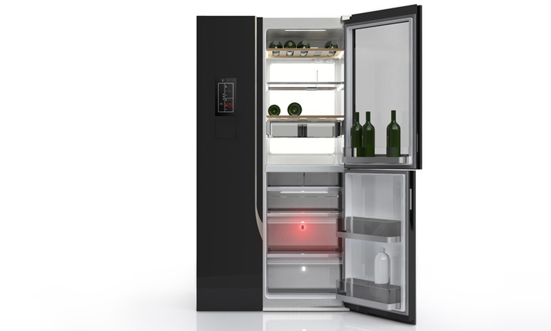 3D render of a concept fridge with its doors open