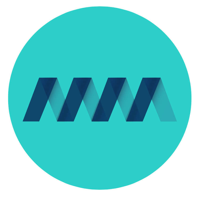 Teal circular mark with a folded ribbon M
